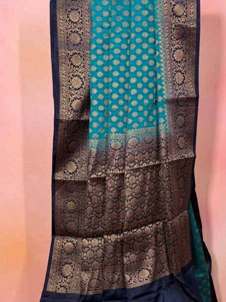 Semi Banarasi Raw Silk Saree In Rama Blue And Navy Blue With Banarasi Border