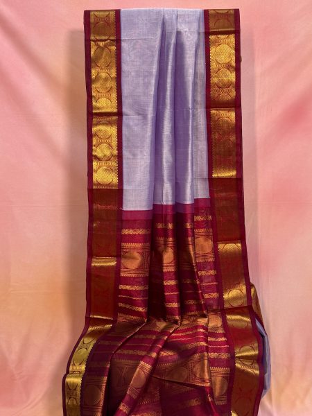 Madisar Korvai Silk Cotton Saree In Lilac And Maroon With Traditional Border