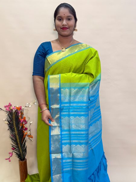 Semi Silk Cotton Kattam In Parrot Green And CS Blue With Traditional Border