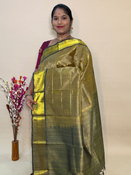 Mayil Chakram Silk Cotton in Dark Beige and Dual Shaded Grey With Traditional Border