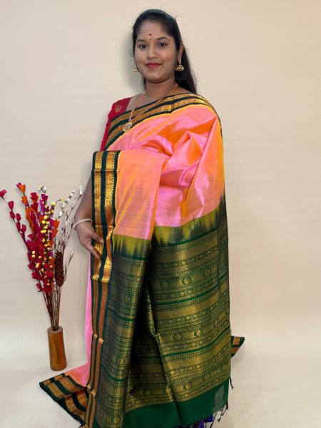 Silk Cotton Korvai in Dual Shaded Pink And Green With Traditional Border