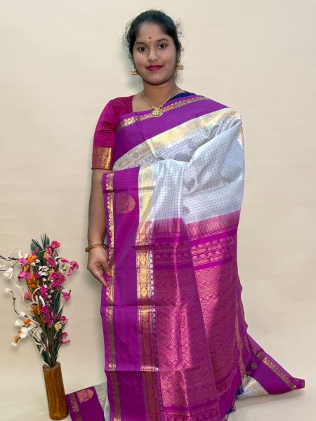 Silk Cotton Korvai Side Buttas In Light Grey And Vadamalli With Traditional Border