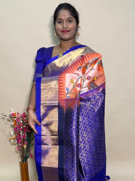 Kuppadam Silk Cotton Kalamkari Prints in Peach And Violet With Traditional Border