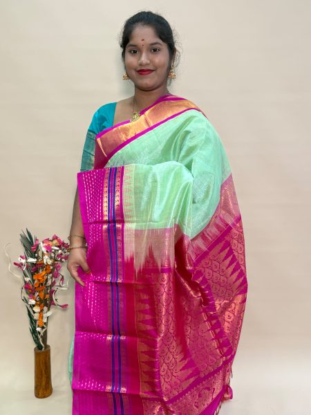 Silk Cotton Kuppadam Checked in Pastel Green And Pink With Traditional Border