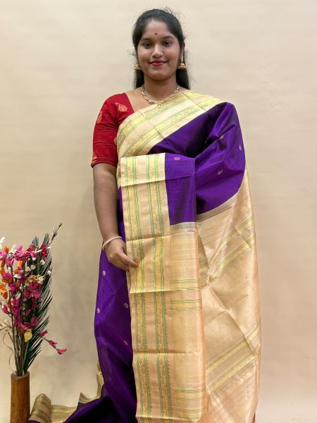 Silk Cotton Korvai Buttas in Magentha And Beige With Rettapet Border