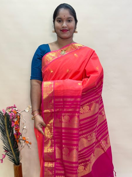 Semi Silk Cotton Buttas In Peach And Dark Pink With Traditional Border