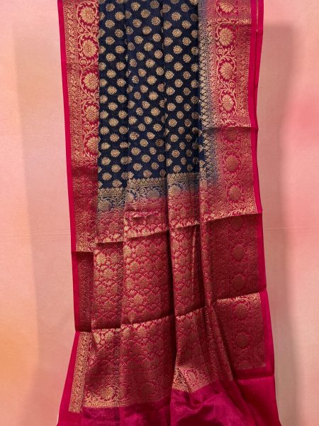 Semi Banarasi Raw Silk Saree In Navy Blue And Pink With Banarasi Border