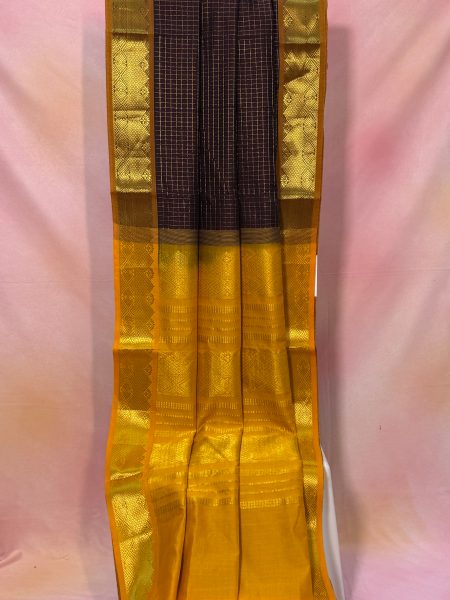 Madisar Semi Silk Cotton Checked Saree In Coffee Brown And Mustard With Traditional Border