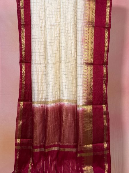 Semi Mysore Silk Checked Saree In Half White And Maroon With Rettapet Border