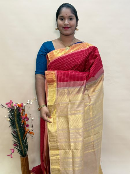 Semi Silk Cotton Kattam In Maroon And Beige With Traditional Border