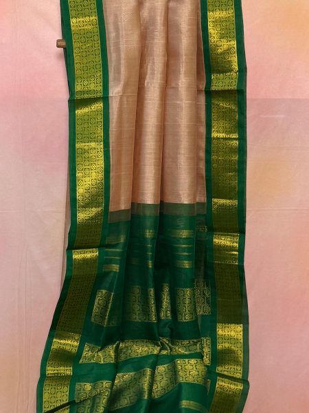 Madisar Korvai Silk Cotton Saree In Beige And Green With Traditional Border