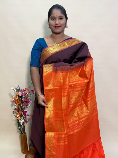 Semi Silk Cotton Plain In Coffee Brown And Orange With Traditional Border