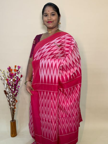 Mercerised Ikkat Cotton Saree In Pastel Pink And Pink With Allover Ikkat Weaves