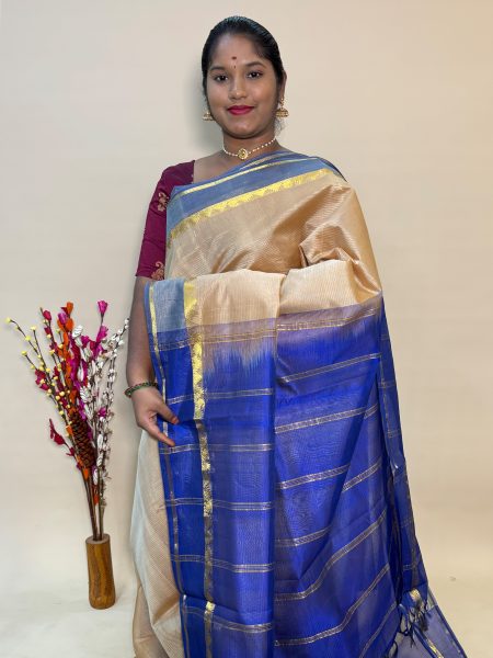 Simple Silk Cotton Saree in Beige And Violet With Traditional Border
