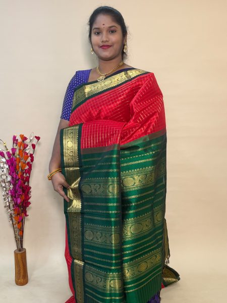 Silk Cotton Korvai Muthu Kattam in Red And Green With Traditional Border