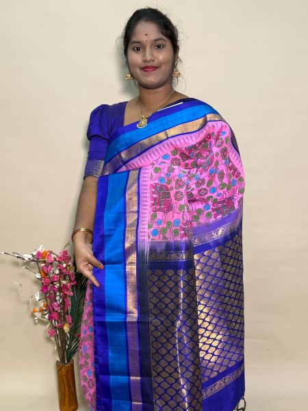 Kuppadam Silk Cotton Kalamkari Prints in Baby Pink And Violet With Traditional Border