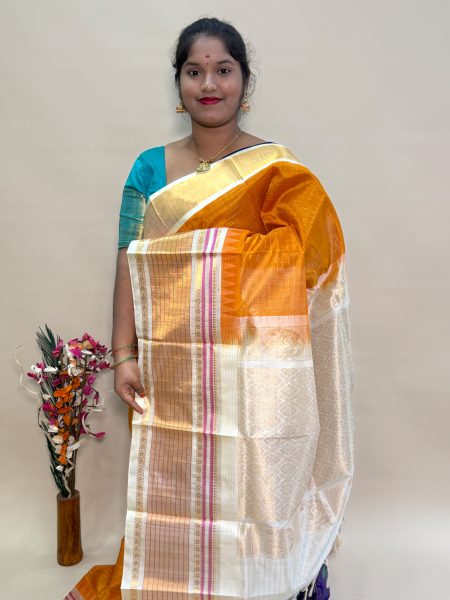 Silk Cotton Kuppadam Checked in Mustard And Half White With Traditional Border