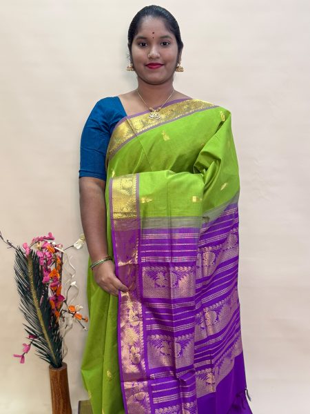 Semi Silk Cotton Buttas In Olive Green And Magentha With Traditional Border