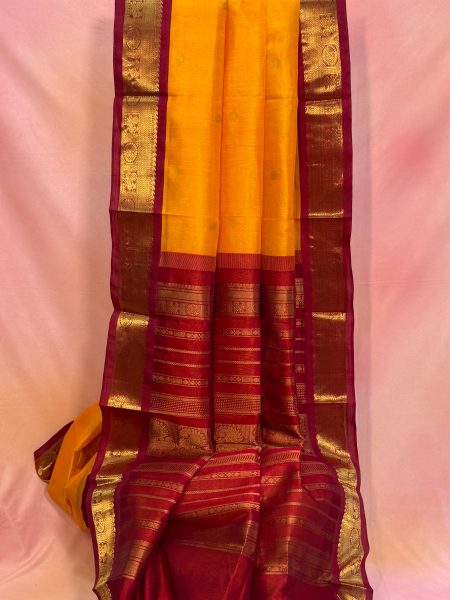 Madisar Korvai Silk Cotton Buttas Saree In Mango Yellow And Maroon With Traditional Border