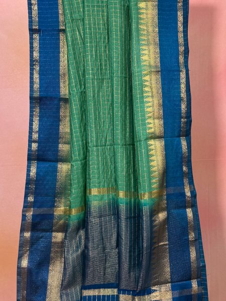 Semi Mysore Silk Checked Saree In Teal Green And Peacock Blue With Rettapet Border