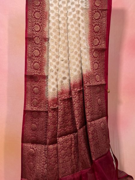 Semi Banarasi Raw Silk Saree In Half White And Maroon With Banarasi Border
