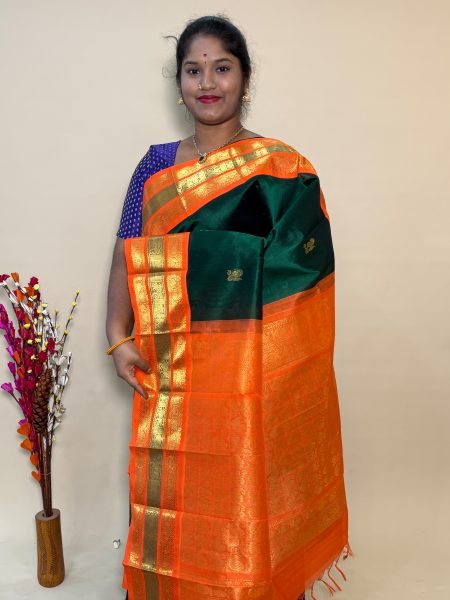 Silk Cotton Korvai Buttas In Green And Orange With Traditional Border