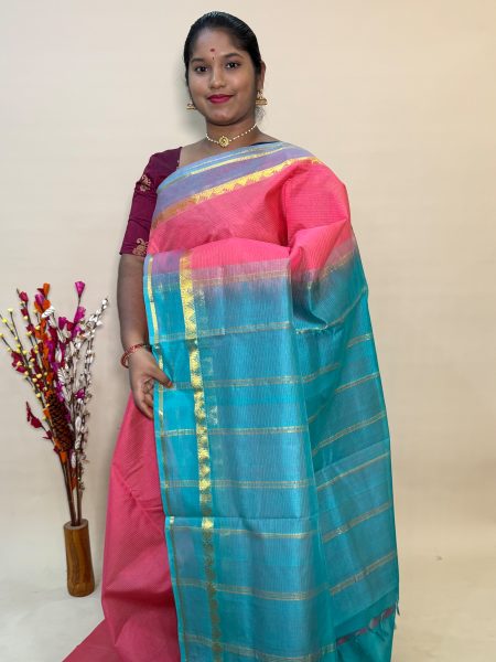 Simple Silk Cotton Saree in Pastel Pink And Teal With Traditional Border