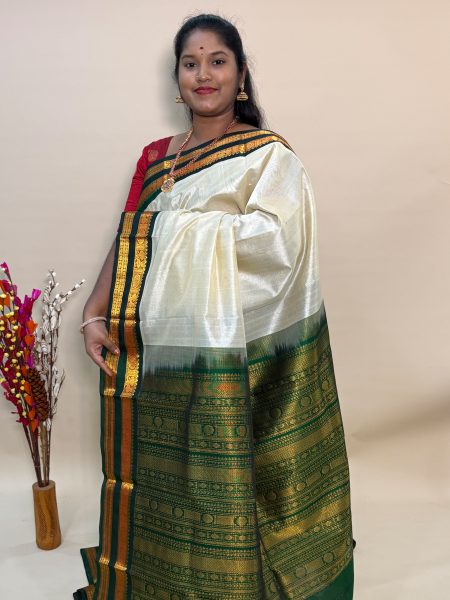Silk Cotton Korvai in Tussar And Green With Traditional Border