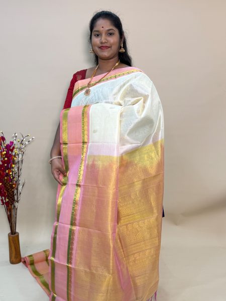 Silk Cotton Korvai Buttas In Half White And Peach With Traditional Border