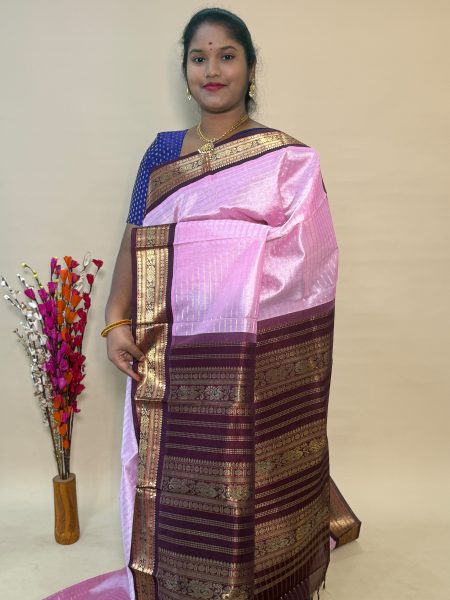 Silk Cotton Korvai Muthu Kattam in Baby Pink And Brown With Traditional Border