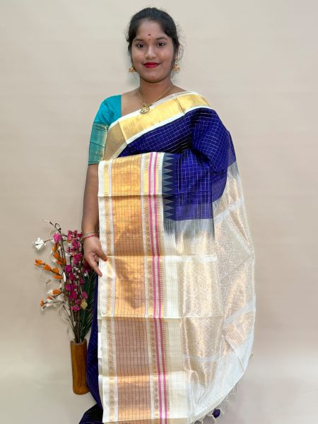 Silk Cotton Kuppadam Checked in Violet And Half White With Traditional Border