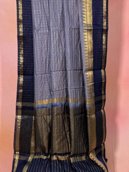 Semi Mysore Silk Checked Saree In Grey And Navy Blue With Rettapet Border