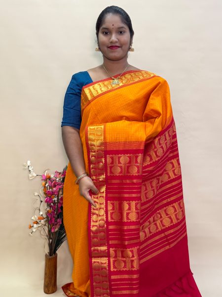 Semi Silk Cotton Kattam In Mustard And Red With Traditional Border