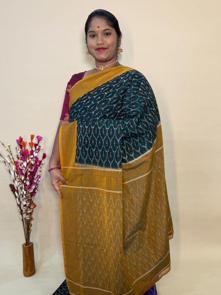 Mercerised Ikkat Cotton Saree In Bottle Green And Dual Shaded Mustard With Allover Ikkat Weaves