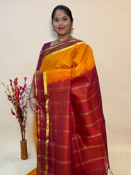 Simple Silk Cotton Saree in Mustard And Maroon With Traditional Border