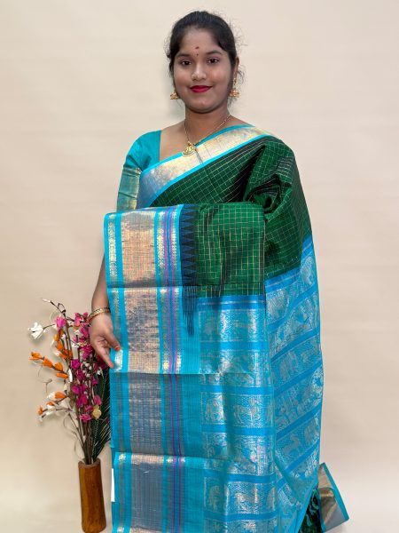 Silk Cotton Kuppadam Checked in Green And Teal With Traditional Border