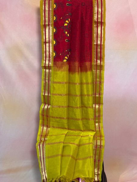 Silk Cotton Kalamkari Prints in Red And Lemon Yellow With Traditional Border