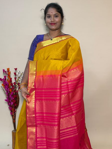 Semi Silk Cotton Kattam In Mustard Yellow And Peach With Traditional Border