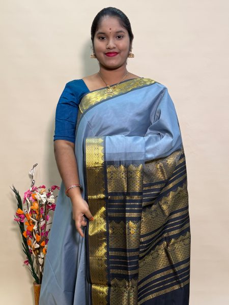 Semi Silk Cotton Plain In Grey And Black With Traditional Border