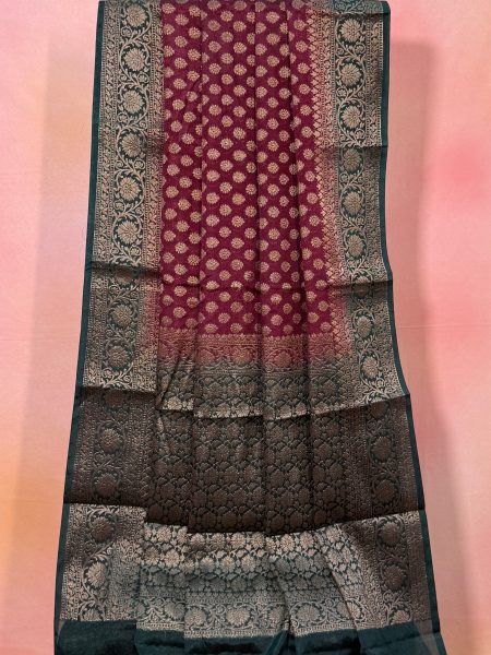 Semi Banarasi Raw Silk Saree In Maroon And Green With Banarasi Border