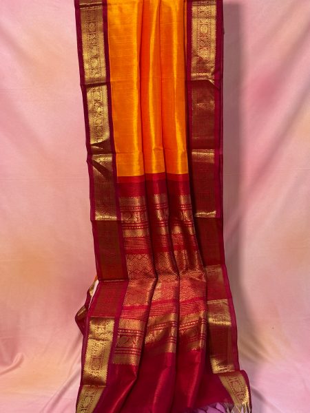 Madisar Korvai Silk Cotton Saree In Mango Yellow And Maroon With Traditional Border