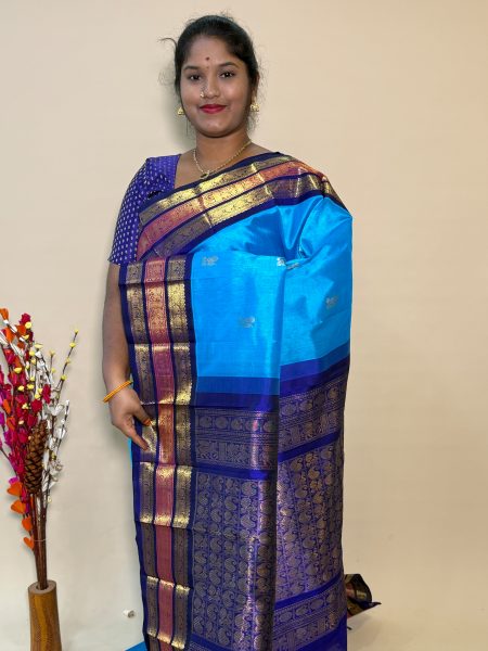 Silk Cotton Korvai Buttas In CS Blue And Violet With Traditional Border