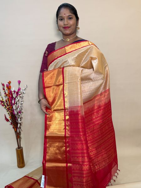 Silk Cotton Kuppadam Lakshadeepam in Beige And Red With Traditional Border