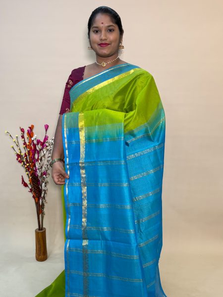 Simple Silk Cotton Saree in Olive Green And CS Blue With Traditional Border
