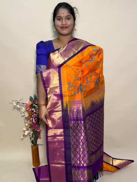 Kuppadam Silk Cotton Kalamkari Prints in Rust Orange And Magentha With Traditional Border