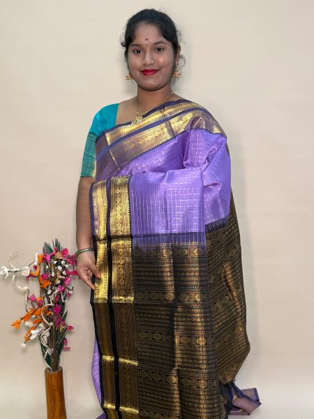 Traditional Silk Cotton Lakshadeepam Saree In Lavender And Coffee Brown With Traditional Border