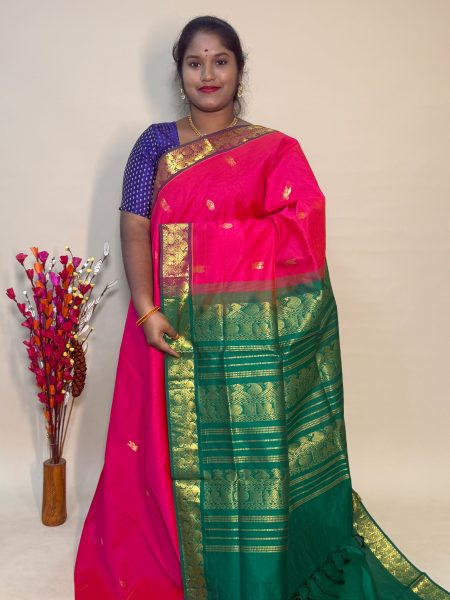 Semi Silk Cotton Buttas In Orangish Pink And Green With Traditional Border