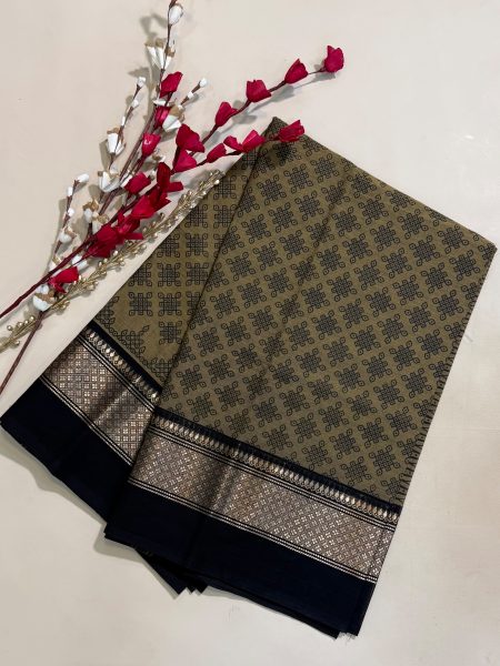 Chettinad Cotton Hand Block Prints in Dual Shaded Beige And Black With Traditional Border