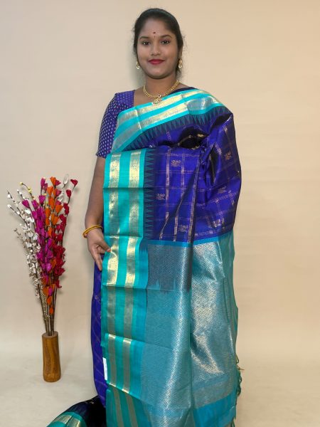 Vintage Korvai Silk Cotton In Violet And Teal With Traditional Border