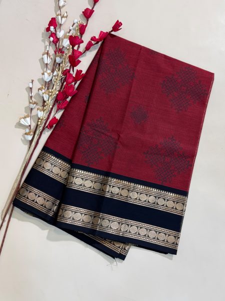 Chettinad Cotton Hand Block Prints in Arakku And Black With Traditional Border